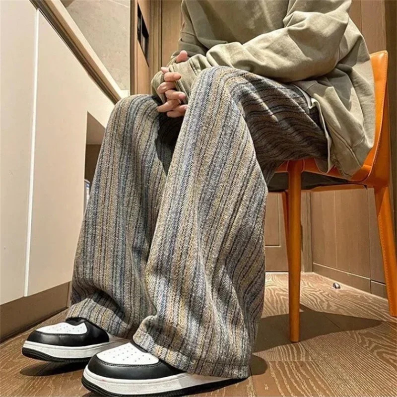 mens striped wool straight leg Trouser classic Y2K retro pocket pants casual street fashion gym sports 250326