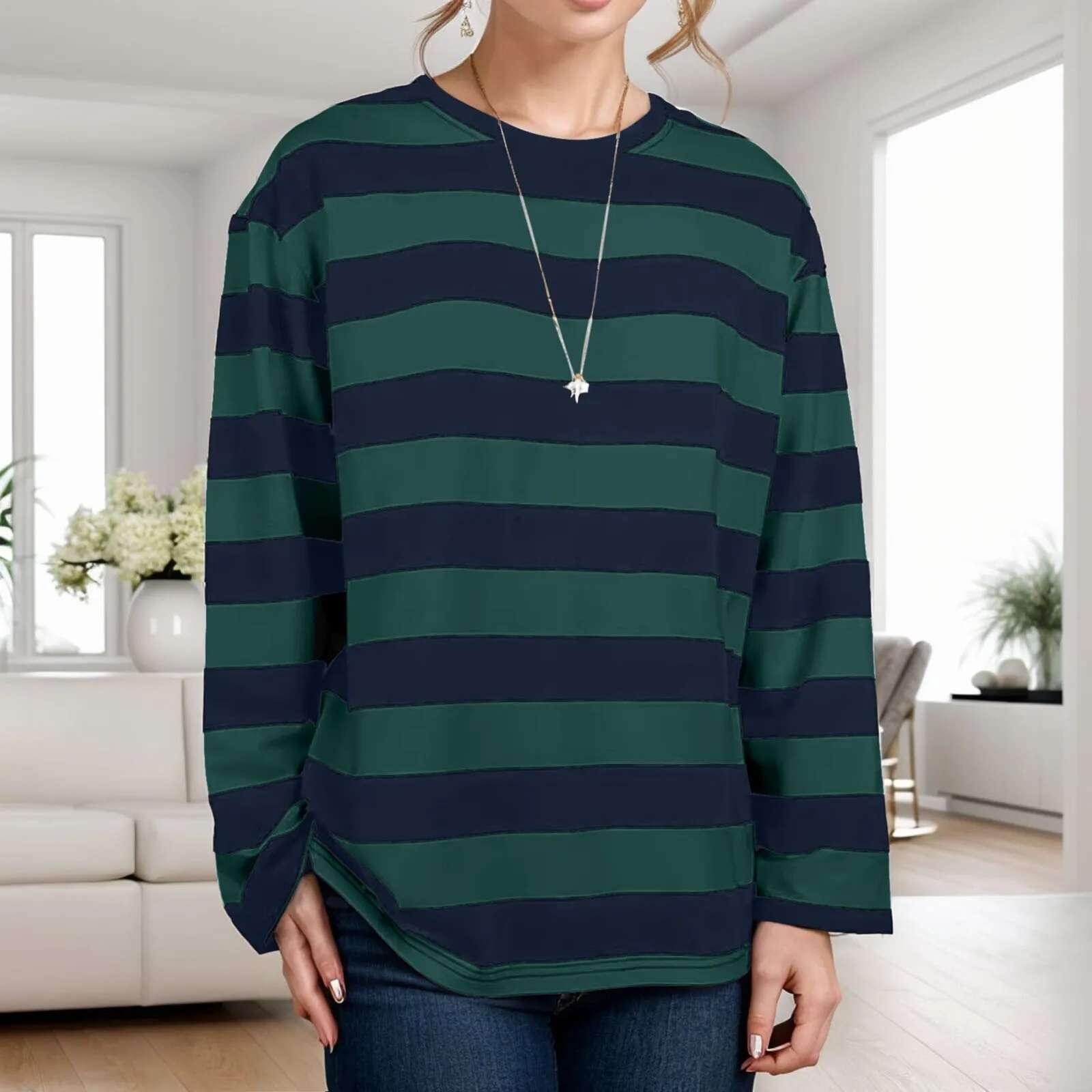 Ddmyshoesvip Korean Version Striped T Shirt Long Sleeved Bottoming Shirt Women Crew Neck Loose Oversized Tops For Spring And Autumn