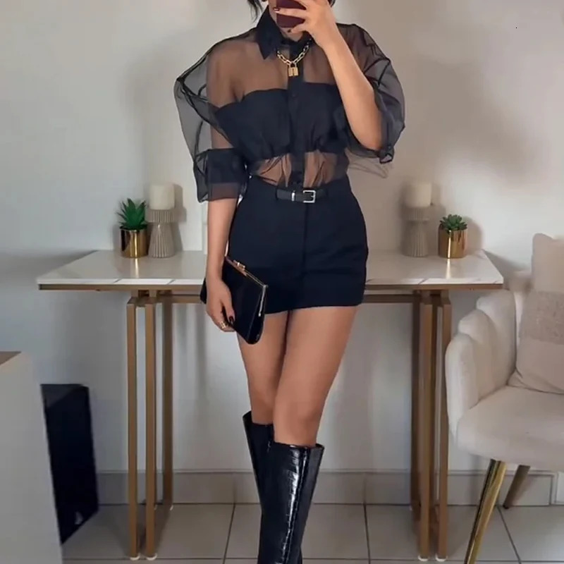 Wefads Two Piece Set Womens Clothes Sexy Fashion Solid Long Sleeve Lapel Transparent Mesh Top Mini A Line Skirt Sets Streetwear 250321