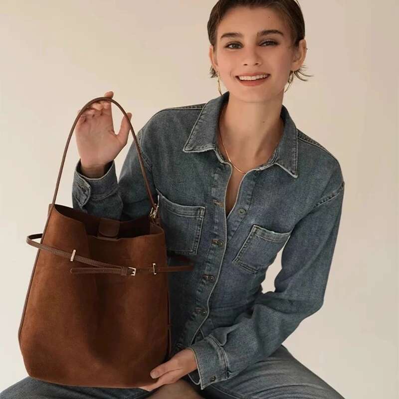 Fashion Design Retro Suede Tote For Women Ins Trendy Maillard PU Leather Bucket Hand Bag Ladies Vintage Shoulder Bags