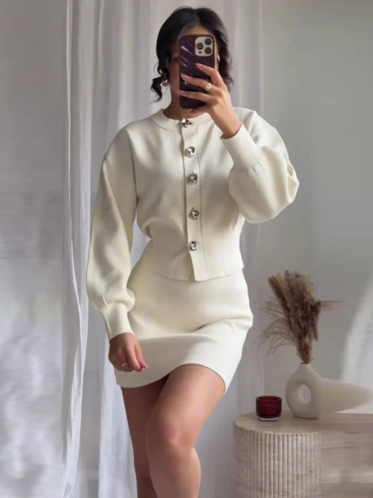 Casual Knitted Matching Set Round Neck Puff Long Sleeve Cardigan Hip Set Mini Skirt Elegant Solid Womens Set 250321