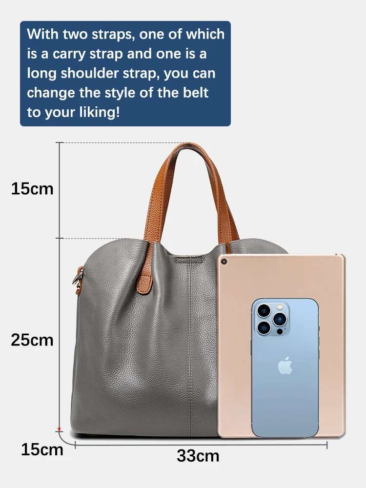 Zency Blue Genuine Leather Women Tote Bag Ruched Contrast Color Top Layer Cowhide Shoulder Crossbody Handbag Versatile Shopping