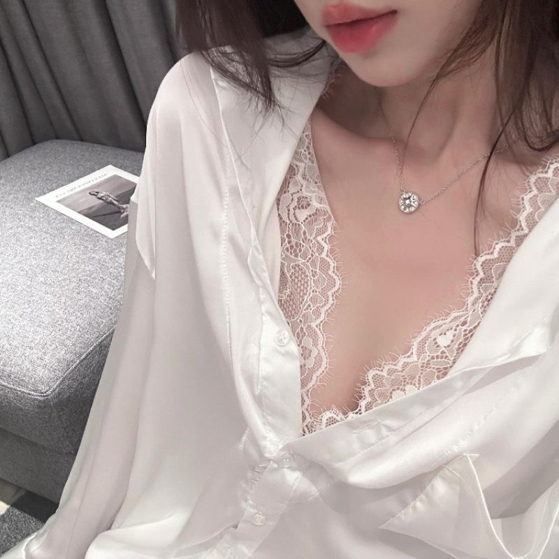 S205 Sexy lace shirt new nightdress ice silk long-sleeved pajamas