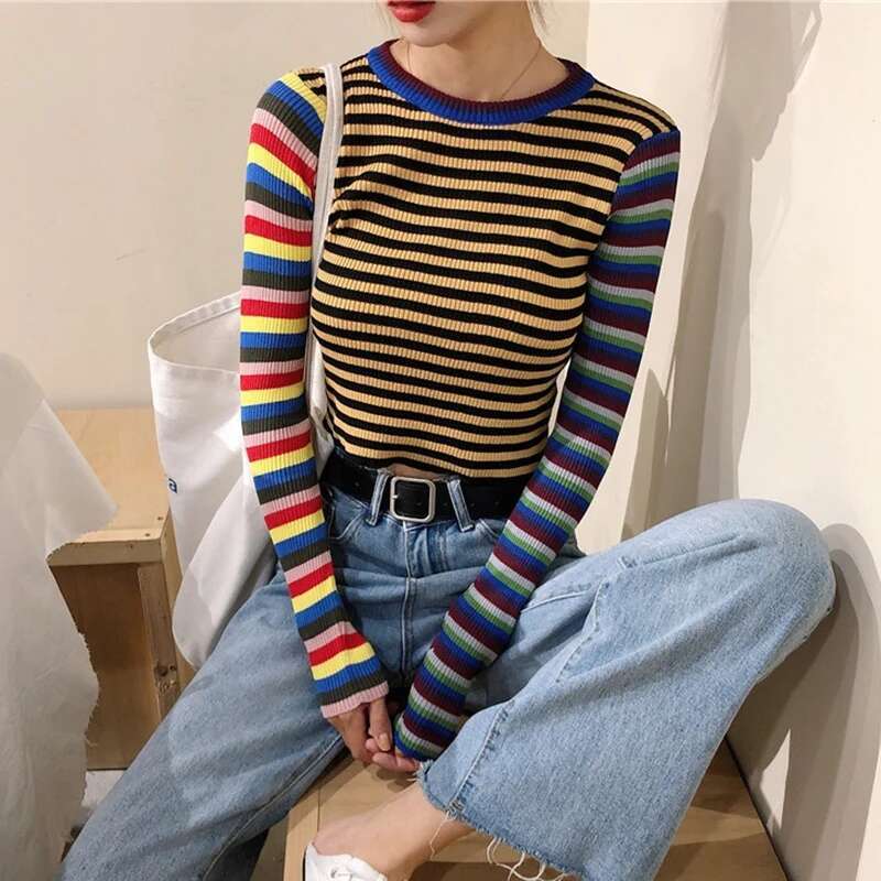 Ddmyshoesvip Striped Knitted Autumn Women Student Wind Casual Wild Slim Short T Shirt Female Crop Tops Long Sleeve T Shirts