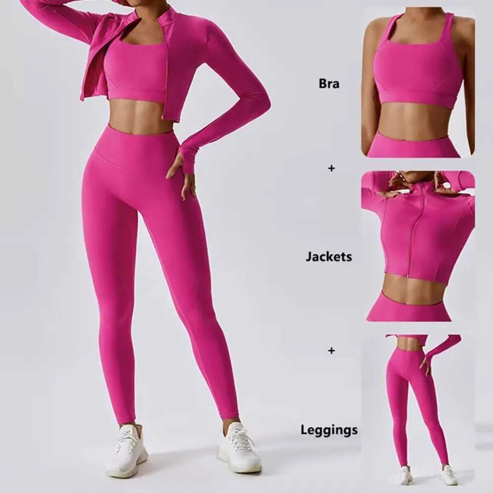 Yoga set 3pcs sports set womens exercise set quick drying yoga clothing gym jacket sportswear womens running jacket W250326