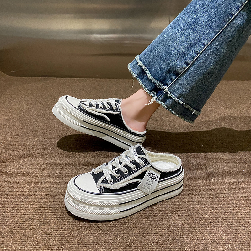 Designer Shoes New Round Toe Thick Soled Semi Trailer Canvas Shoes For Women's Summer Outdoor Wear 2025 Model Height Increasing Sponge Cake Lazy 