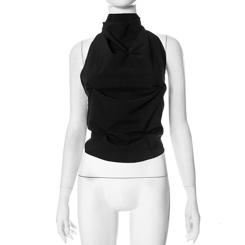 2025S Fashion Designer F TP Women S Autumn And Winter Hanging Neck Tied Bow Hollow Out Backless Pleated Crop Top T Shirt