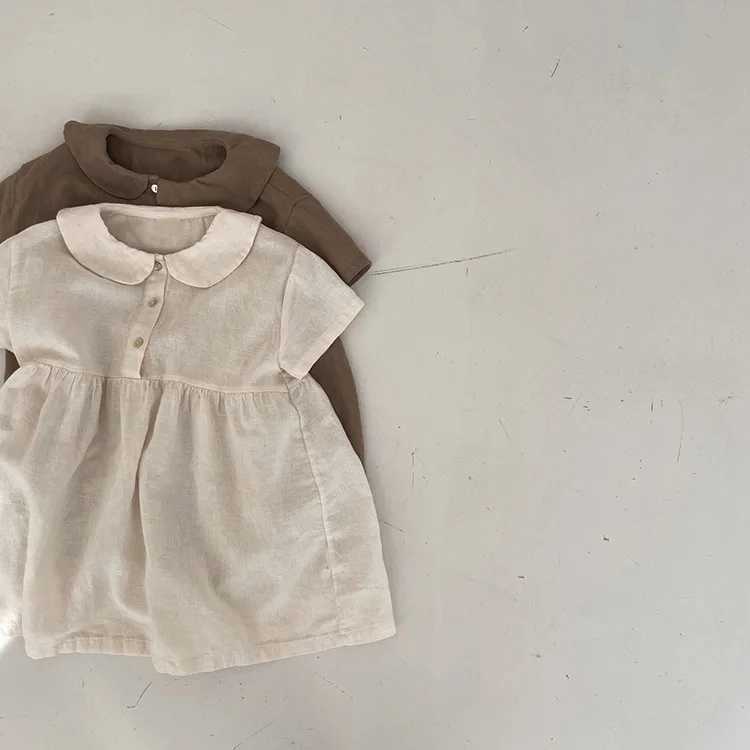 2025 Summer New Girls Long Sleeve Collar Dress Childrens Cotton Linen Casual Dress Fashion Girl Princess Dress Childrens Clothing W250326