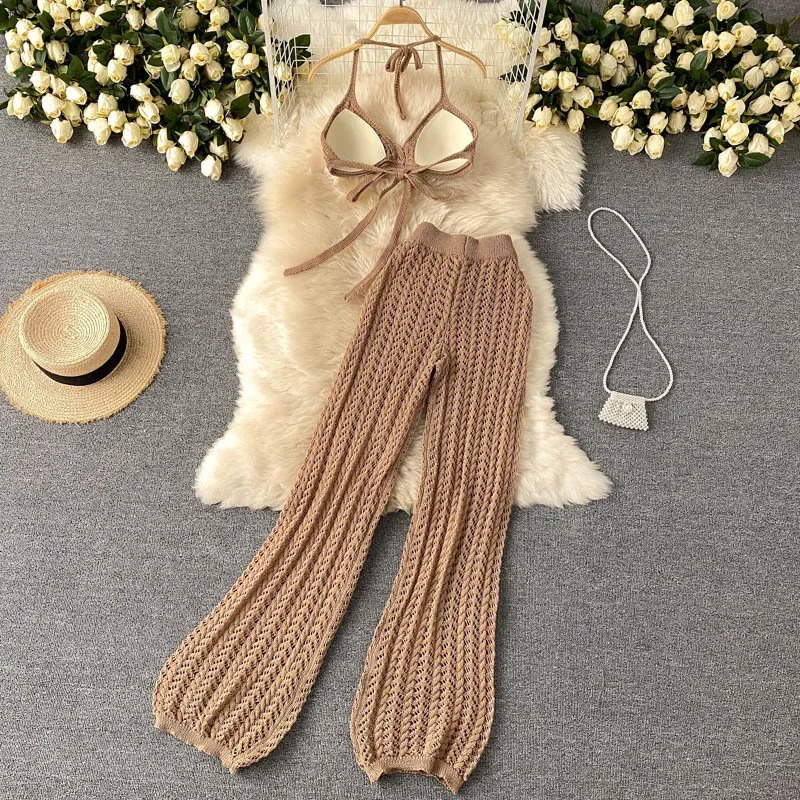 Sexy Halter Neck Bikini Suit Womens Summer Fashion Knitted Hollow Out Bottoms With Tie n Sensible Stylish Beach Vacation W 250324