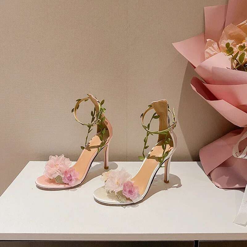 Summer Pink Sweet Chiffon wer Dream High Heels Lace up Sandals Wedding Banquet Women's Shoes