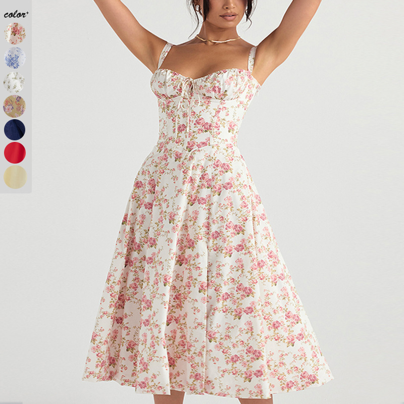 fashion strap skirt 2025 european and american summer new style floral print large swing dress with strap