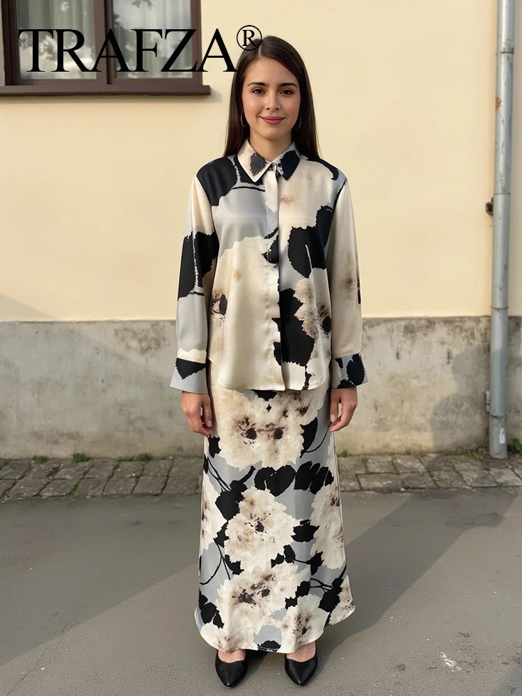 TRAFZA Womens Spring Fashion Silk Satin Texture Long Sleeve Printed Shirt Button Midi Dress Womens Printed Set 250321