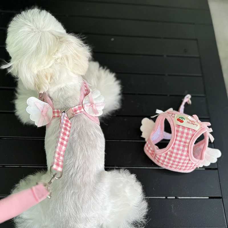 New plain pet dog harness set with pink checkered angel wings decoration dog chest traction small dog accessories X250326