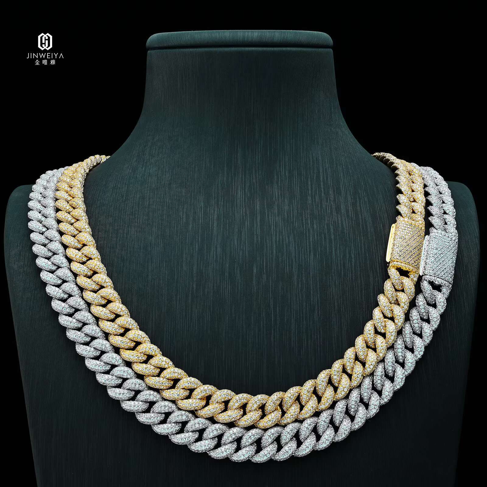 Hip Hop 925 Silver Moissanite Necklace 10mm Wide Cuban Chain in 16 18 20 22 24 Inch Lengths Rapper Style Cuban Chain