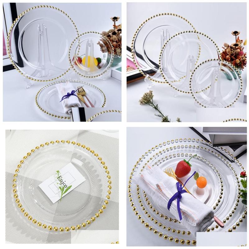 Dishes & Plates Stocked 13Inch Round Wedding Clear Silver/Gold Glass Beaded Charger Pates Plate For Table Decoration Drop Delivery Hom Otc2R