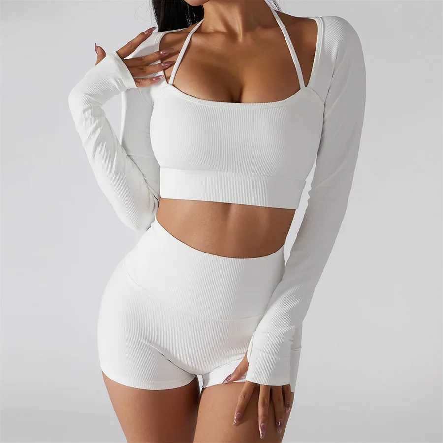 2-piece yoga short sleeved set womens white long sleeved mat push up crop high waist fitness gym set sportswear ultra-thin exercise clothing W250326
