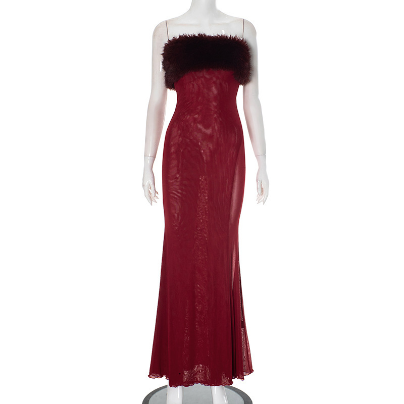 2025S Fashion Designer Y DS Women S Autumn And Winter Strapless Off Shoulder Fur Collar Sexy See Through Mesh Wrapped Hip Dress