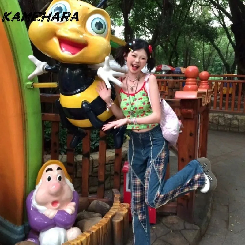 KAMEHARA Y2K Summer Sweet and Spicy Cherry Apple Printed Vitality Weight Loss Camis Dopamine Fruit Checkered Vacation Style Tank 250321