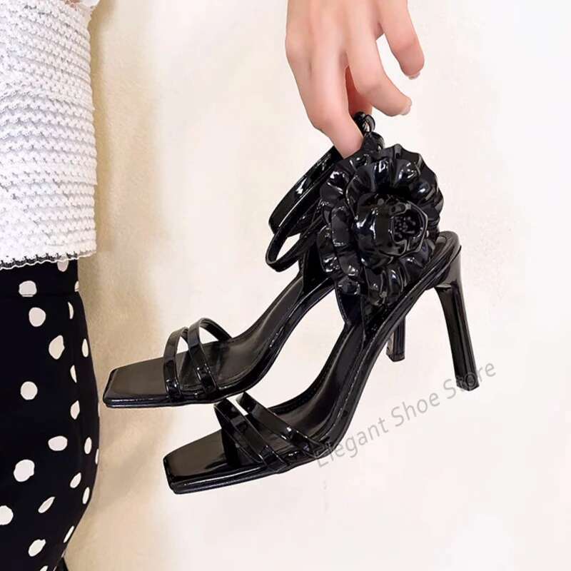Red Rose High Heels Women's Sandals Square Toe Ankle Strap 9CM Stiletto Sexy Patent Leather Sgback Summer Party Banquet Shoes