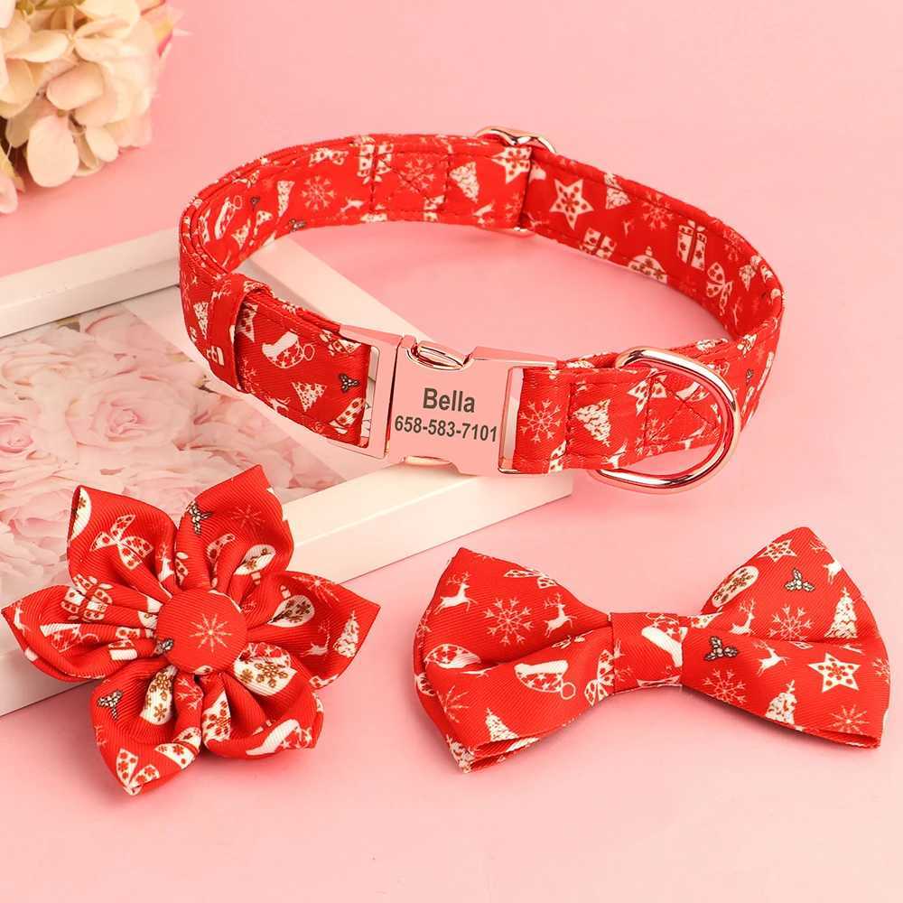 Personalized Christmas dog collar customized red checkered pet collar with bow no engraved ID name tag pet accessories X250326