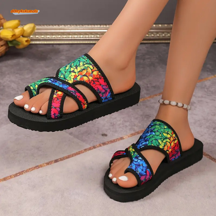 2025 Summer New One Step Shoe Set with Ethnic Style Thick Bottom, Lightweight and Breathable Beach Sandals, Cool Slippers for Women ddmykukumalu