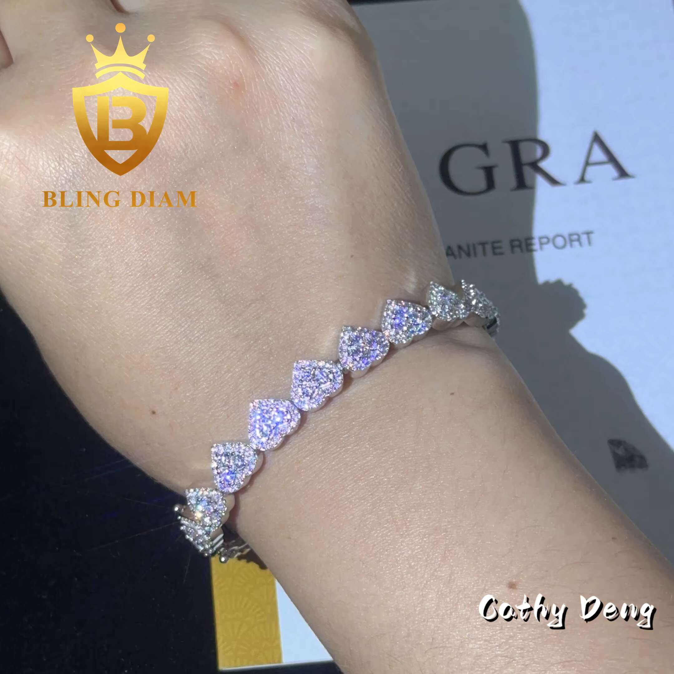 8mm New Custom Fashion Jewelry Heart Shape Moissanite Cuban Link Bracelet Ice Out 925 Silver Hip Hop Bracelet Hot Sale