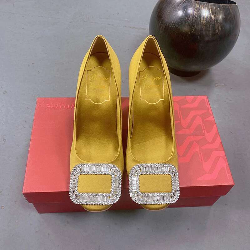 Women's New Square Button Single Silk Wedding Shoes Shallow Mouth Round Toe Thin Heel Rhie High Heels