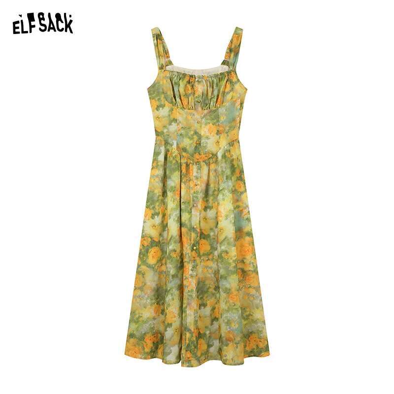 ELFSACK French retro oil painting printed camisole with waistband, light and sexy summer vacation dress