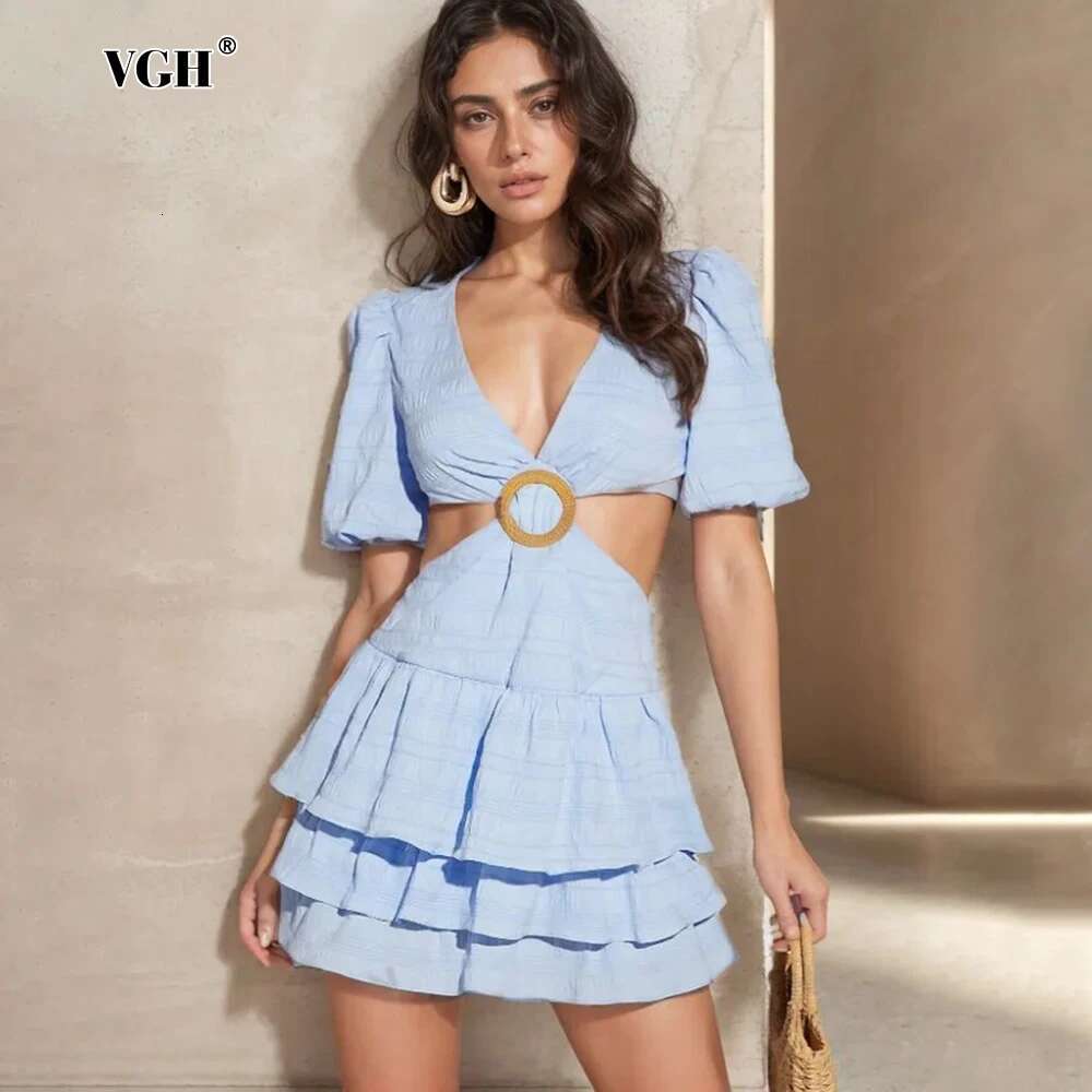 VGH Elegant Solid Hollow Out Mini Dress For Women V Neck Lantern Sleeve Patchwork Ruffled A e Dresses Female New Style