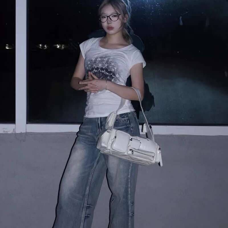Moto & Biker Small Bag For Women Designer Handbag Purse 2024 New In PU Oil Wax Leather Multiple Pockets Underarm Shoulder