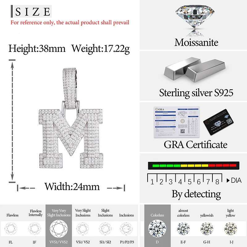 Fine New 925 Silver Pendant Letters Classic Punk Hiphop/Rock Letters Moissanite Pendant For Men Hip Hop Jewelry
