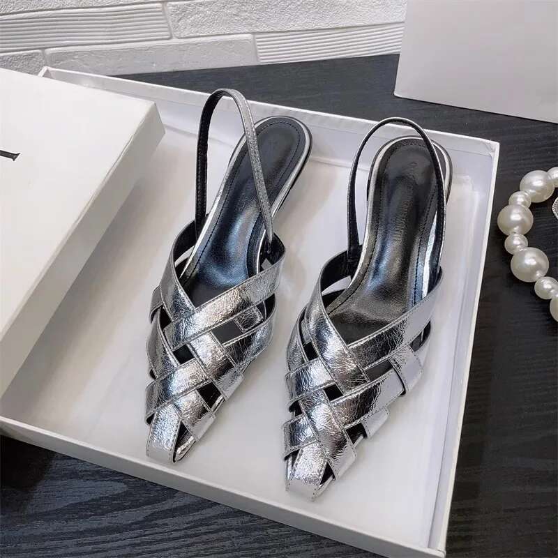 Gold woven retro hollow out stiletto sandals with high heels