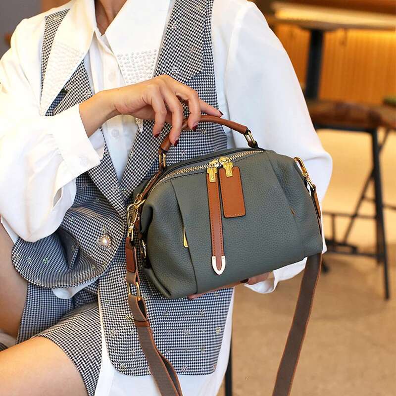 Compartments 2 Straps Roomy Handbag Women Genuine Leather Messenger Female Shoulder Cross-Body Bag D360