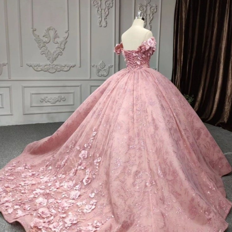 Pink Shiny Sweetheart Quinceanera Dresses Ball Gown 3D Flower Lace Appliques Beading Tull Birhtday Party Dress Lace Up Sweet 16 Dress Vestidos De 15 A