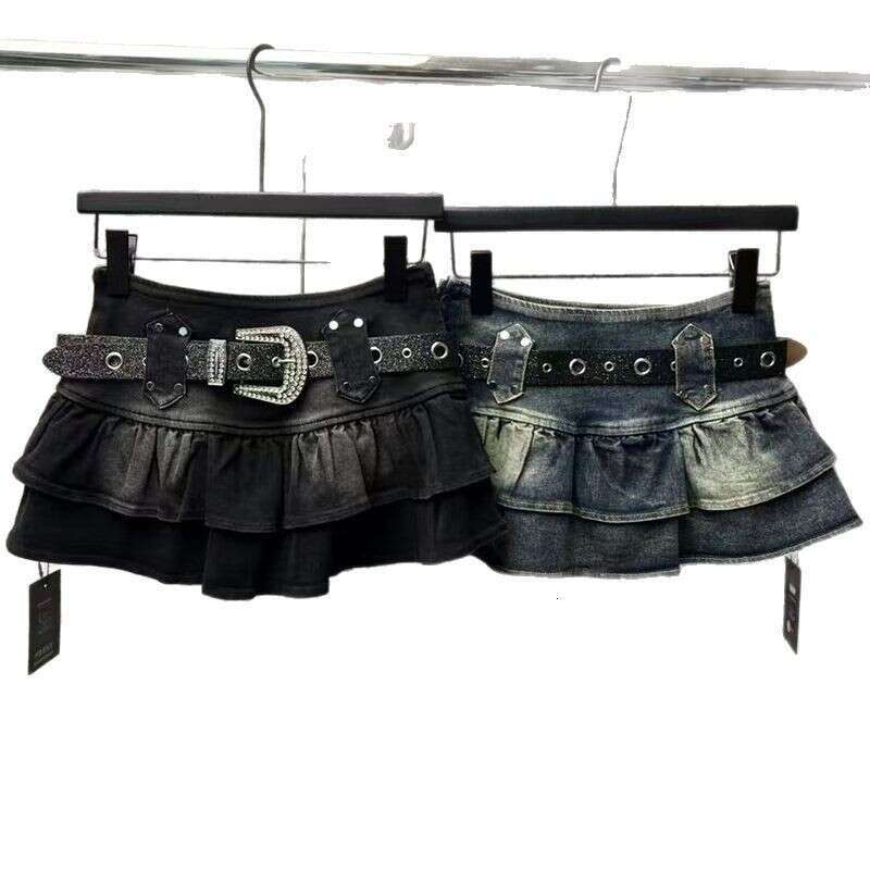 American Sweet Spicy Girl Denim Short Y2k Versatile Ruffled Skirt With Belt Spring And Autumn New Style