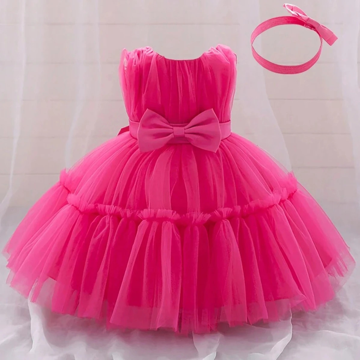 Baby Pleated Girl Princess Dress Outfit Infant White 1st Birthday Baptism Dress Toddler Bow Party Wedding Prom Gown Baby Clothes 250325