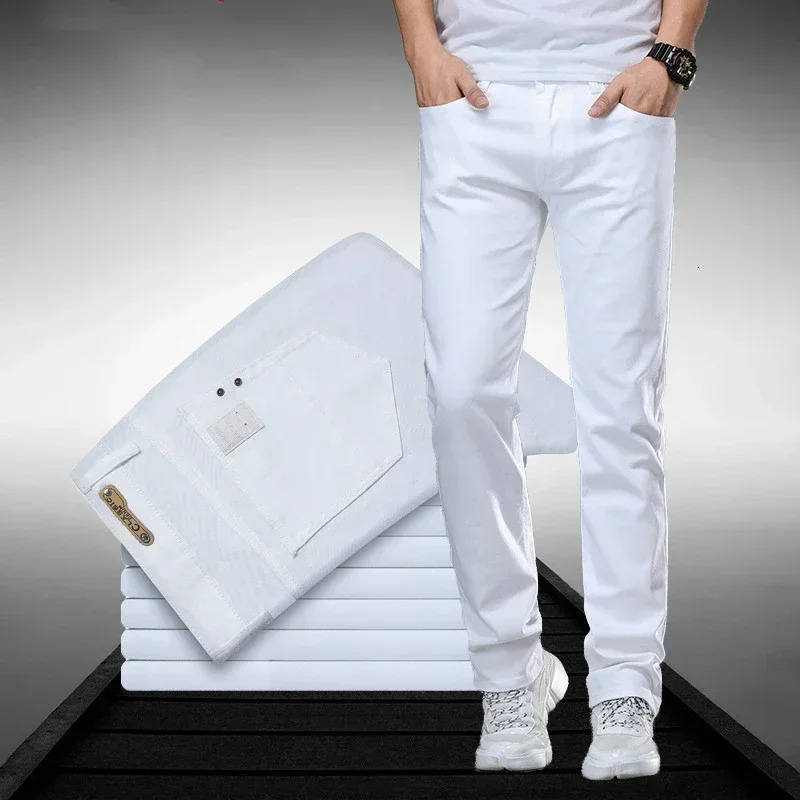 Classic style mens formal white jeans business intelligence fashion denim highend elastic cotton Trouser pants 250326