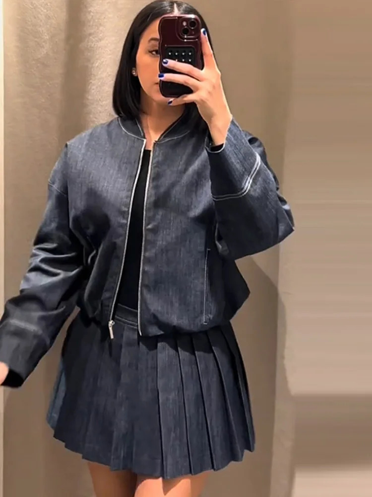 Elegant denim 2piece set for womens casual loose zipper jacket pleated mini leather 2025 fashion street solid 250318