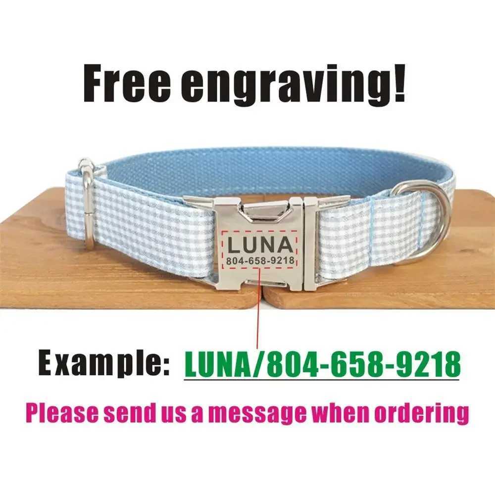 Personalized dog collar no carving matching pet leash customized contact metal buckle blue and white checkered puppy collar X250326