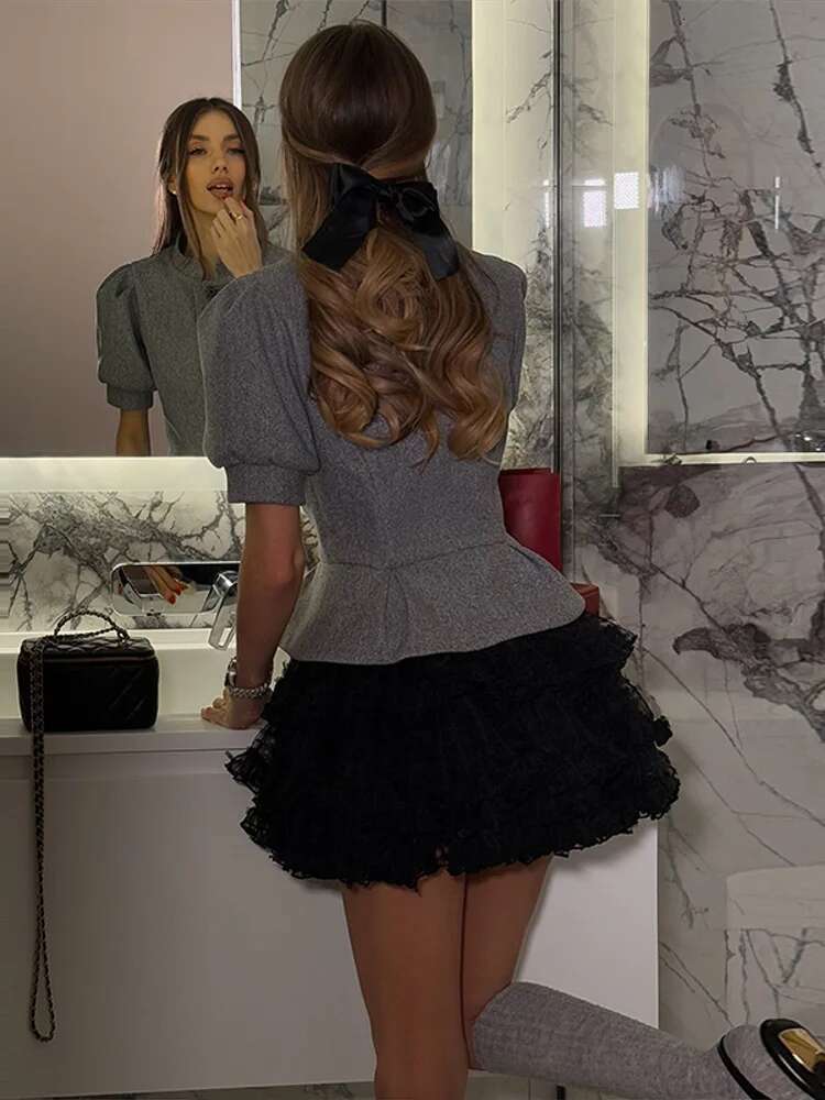 Elegant Waist-cinching Shirt Mini Dress Women Retro Stand Collar Patchwork Pleated Lace Dresses Female 2025 Chic Street Party