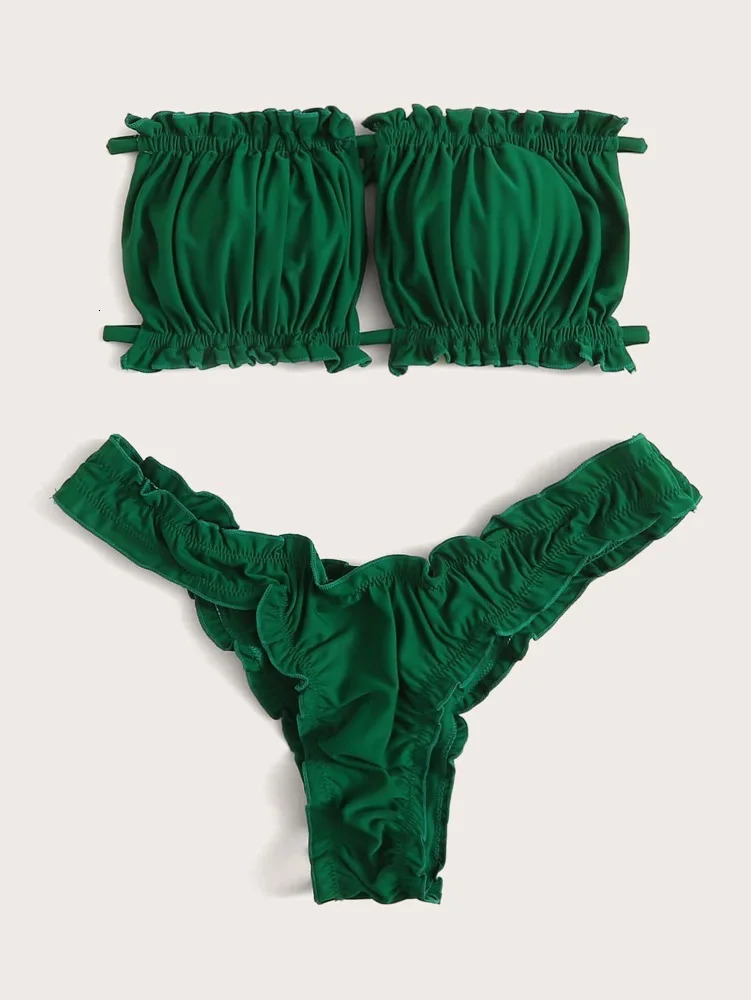 Swim Summer Beach Ruched Lettuce Trim Bandeau Bikini Set 250324