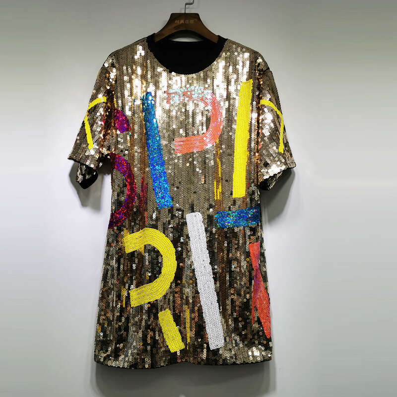 Korean version new fashionable plus size loose sparkling sequin letter top women's mid to long versatile T-shirt trend