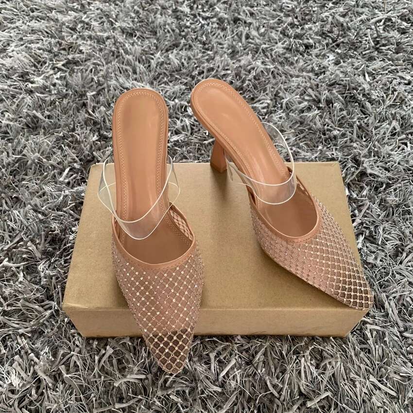 2025 Summer New High Heel Sandals Summer Elegant Pointed Mesh Designer Fashion Party Women's Mule Shoes