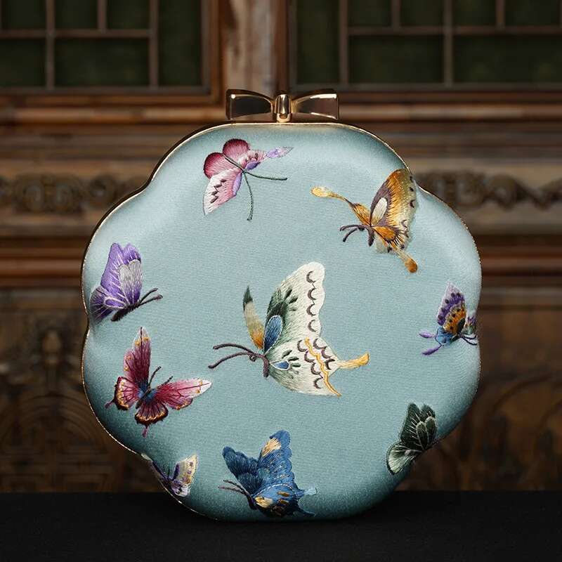Cap Mini Shoulder Party Wedding Banquet Chinoiserie Silky Texture Fabric Suzhou Embroider Craft Butterfly Moth Pattern Retro Fashion Classical Beauty 