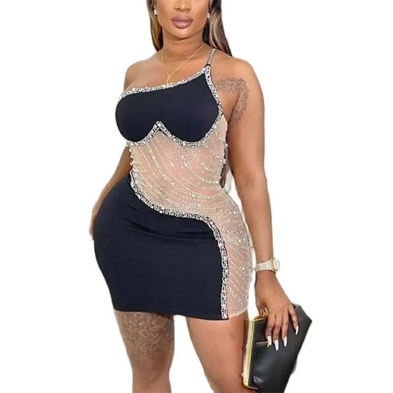 Fashion Diamante Decoration Single Strap Slant Neck Dresses Women Elegant Gala Party Dress Y Wrap Hip Short Gown