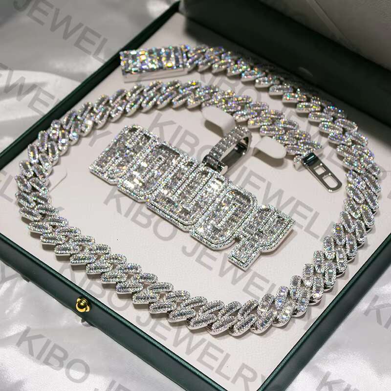Custom Iced Out Hip Hop 18mm 925 Sterling Silver VVS Moissanite Name Pendant Wiht Cuban Link Chain Set