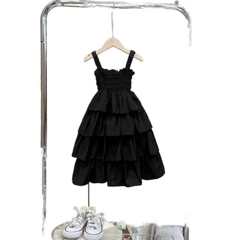 New summer teenage girls sling dress cotton pleated waist sleeveless childrens girls cake dress solid Versatile childrens girls dress W250326