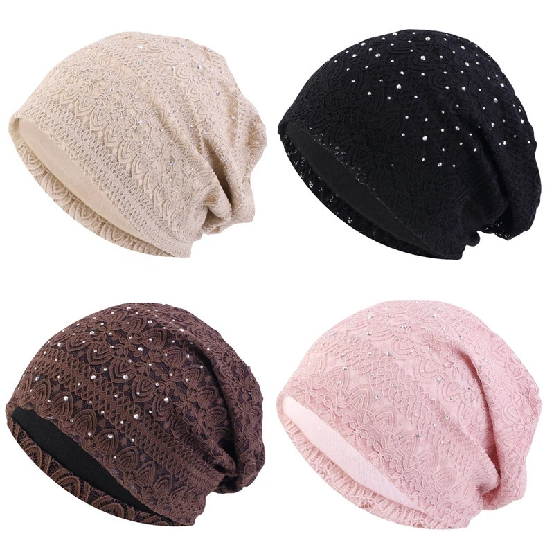 Crystal Lace Beanies Hat Women Slouchy Knit Hats Flower Headscarf Cap Ladies Comfortable Fashion Skullies Turban Hair Cover 250321