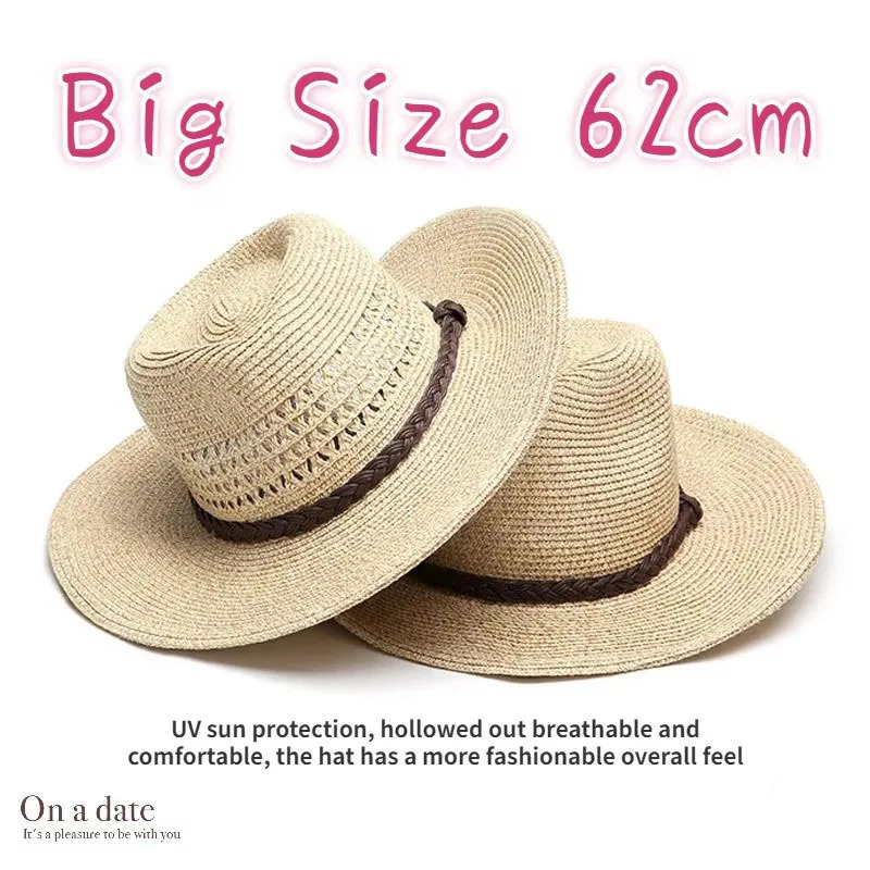 XL Big Size 62cm Panama Jazz Straw Hat for Women Men Hollow Out Summer Beach Sun Hat Foldable Windproof Rope UV Sunscreen Hat 250326