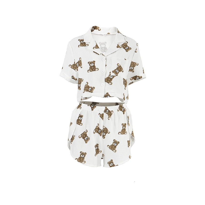 2025Spring/Summer Printed Pure Cotton Crepe Pajama Short Sleeve Split Shorts Two Piece Set Home Clothes Women